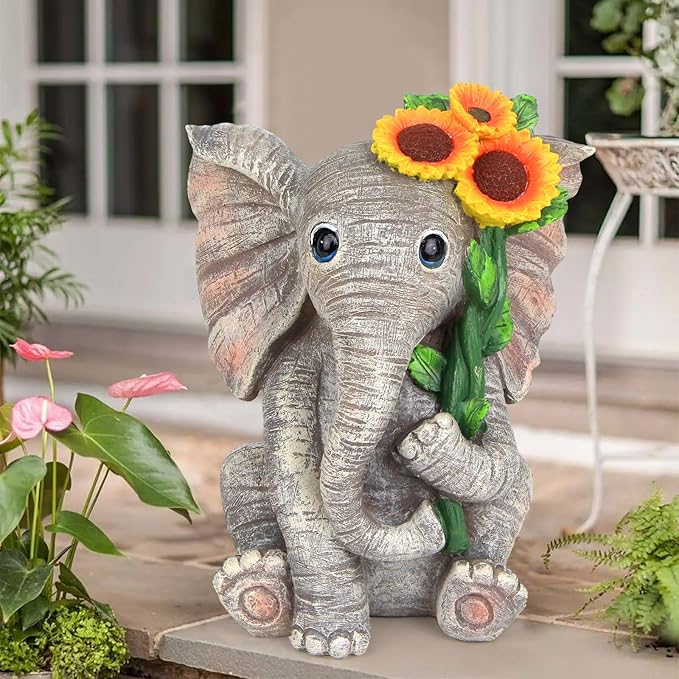 Outdoor Sculpture Figurine Statue Elephant DecorSolar Garden Statues for Patio Home Yard DecorGood Luck Sunflower Elephant for Women Mom Gifts Housewarming Gift