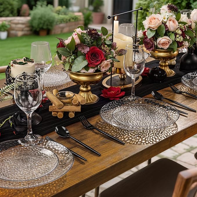 Rubtlamp 60Pcs Black Plastic Plates Black Heavy Duty Graduation Plastic Plates Clear Disposable Party Plates Hammered Fancy Plates Include 30 Dinner Plates 30 Salad Plates For Graduation Party
