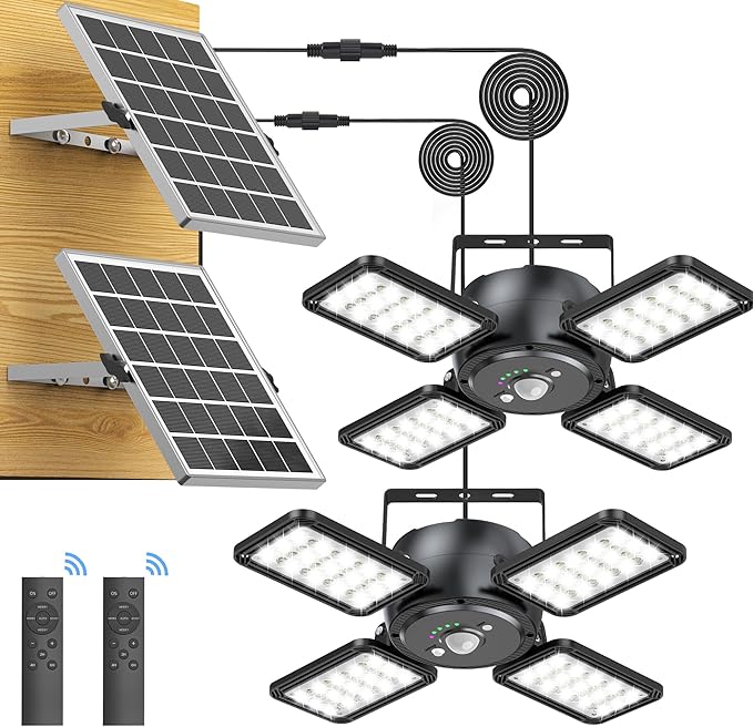 Solar Shed Light Outdoor Indoor Solar Powered Motion Sensor Pendant Light144LED 1200LM Daytime Work with 5 Modes &amp Remote Control 4 Heads IP65 Waterproof for Garage Barn Shop 2 Pack