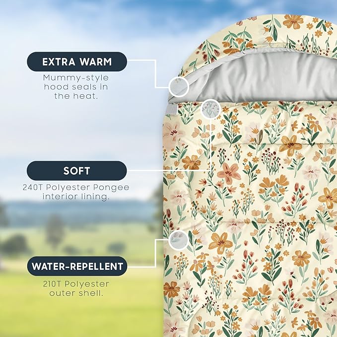Wake In Cloud - Kids Sleeping Bag for Girls Toddlers Camping in Warm Cold Weather Backpacking Lightweight Compact Outdoor Liner for 3 Seasons Summer Spring Fall Flowers Orange Cream