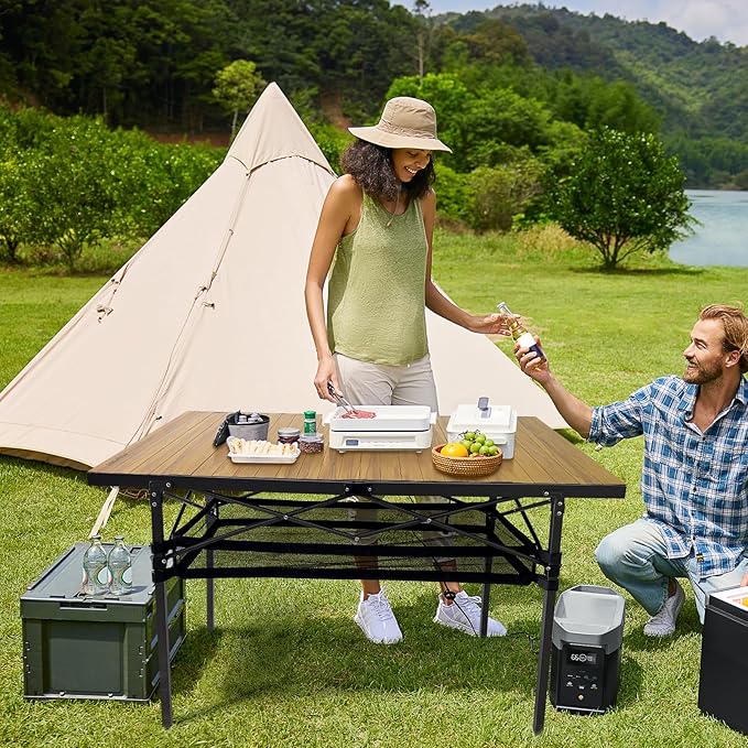 Large Folding Camping Table Aluminum with Storage for 4-6 People 55X27.5 Roll Up Tall Outdoor Portable Table Lightweight with Carry Bag for Picnic BBQ Backyard Beach