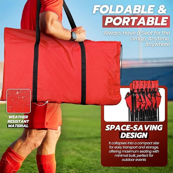 Flexzion Portable Folding Bench Seat 6 Seater Collapsible Soccer Bench Portable Bench Seats for Bleachers Camping Sideline with Back Rest and Carrying Bag Red