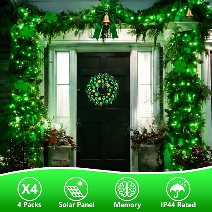 YEGUO 4 Pack Green Solar Fairy Lights Each 33ft 100 LED Christmas Lights Outdoor Waterproof 8 Modes Sliver Wire Solar String Lights