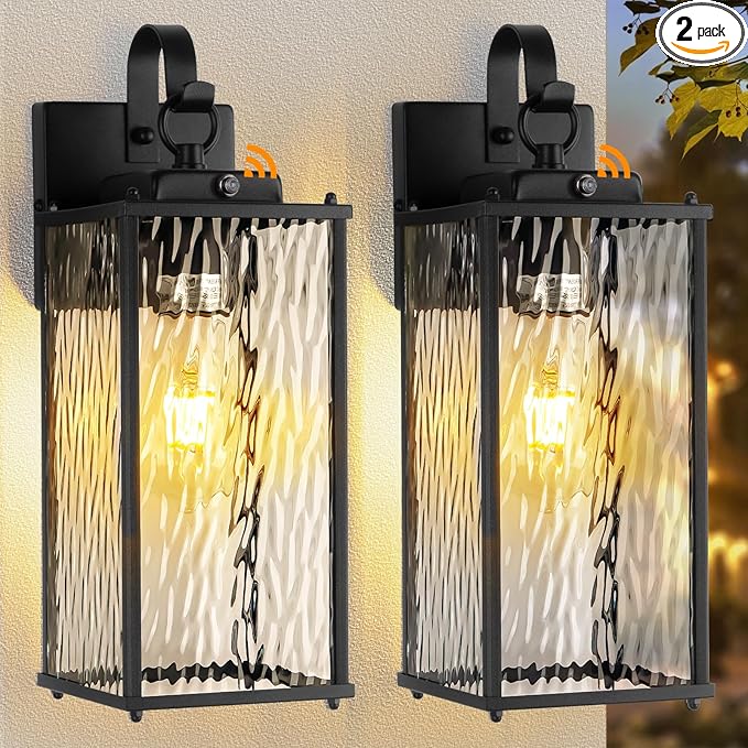 2-Pack Dusk to Dawn Outdoor Lighting with Water Ripple Glass IP65 Waterproof Matte Black Front Porch Lights Photocell Sensor Exterior Light Fixtures Outdoor Wall Sconces Coach Lights