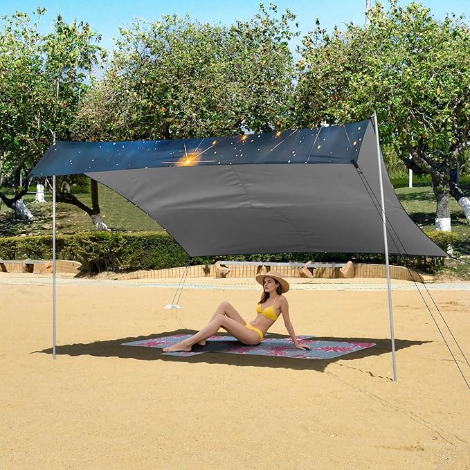 Blue Starry Sky Beach Tent Sun Shelter 9.2' x 10.5' Beach Canopy with 4 Sandbags 4 Stability Poles Sand Shovels - Tent Canopy for Beach Camping Fishing Picnics