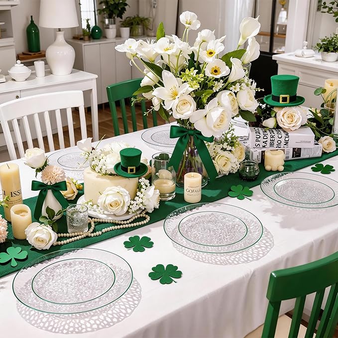 Rubtlamp 60Pcs Plastic St Patricks Day Plates Plates Clear Plastic Disposable Plates With Green Rim Green Heavy Duty Fancy Hammered Party Plate Include 30 Dinner Platos30 Salad Platos for Easter