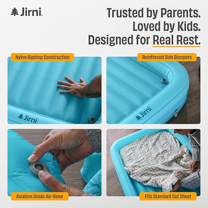 Toddler Camping Bed with Bumpers &amp Pump Sack – Ultralight Compact &amp PVC-Free Inflatable Kids Travel Bed in 40D Ripstop Nylon for Camping &amp Family Travel