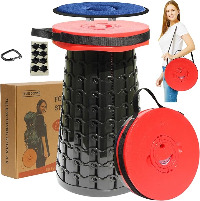 ALEVMOOM 2026 Upgraded XXL 19.7 Collapsible Stool with Cushion 1000lbs Max Weight Heavy Duty Portable Telescoping Stool Retractable Seat Folding Chair for Camping Fishing Hiking(Red-XXL)