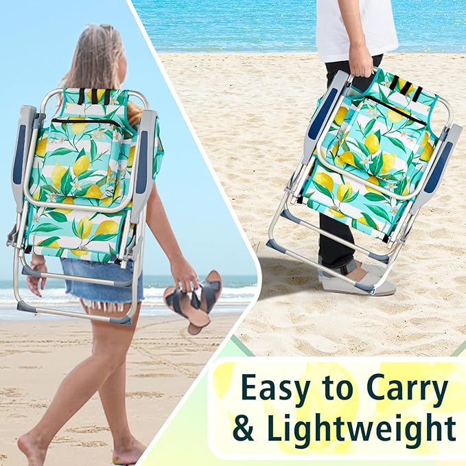 Backpack Beach Chairs Low 5 Position Beach Chair with Pouch Straps Folding Lightweight Reclining Aluminum Lay Flat Single (Lemon High)