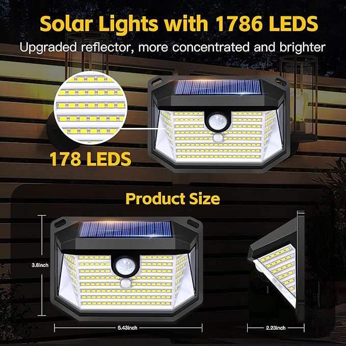 Solar Lights Outdoor Motion Sensor 178 LED 300LM Waterproof IP65 Wall Mounted Security Light with 3 Modes 270° Wide AngleWide Angle Solar Powered for Garden Yard Patio Front Door(8Pack)