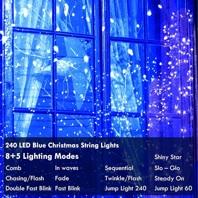 88FT 240LED Extra-Long Connectable String Lights Indoor Outdoor Clear Wire Blue Christmas String Lights Plug in Twinkle Fairy Light with Timer for Wedding Patio Tree Yard Christmas Decorations