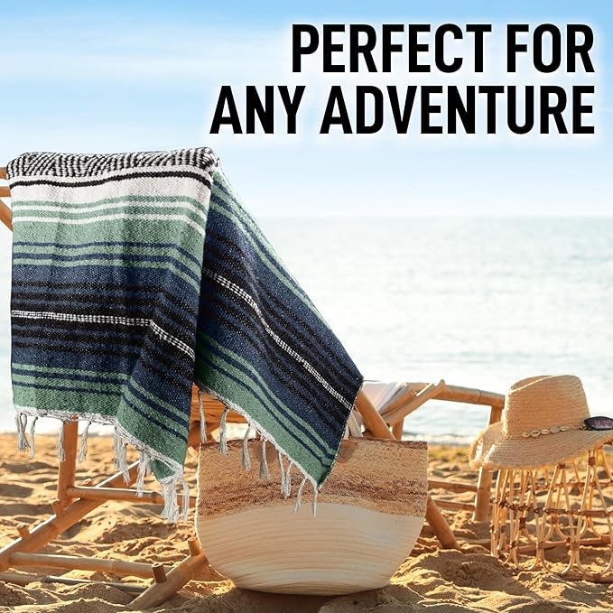 Hydration Nation Authentic Large Handwoven Mexican Blanket - Soft Yoga- Durable Serape- Lightweight Falsa Beach Camping Picnic Outdoor Blanket 70x50 - Arctic