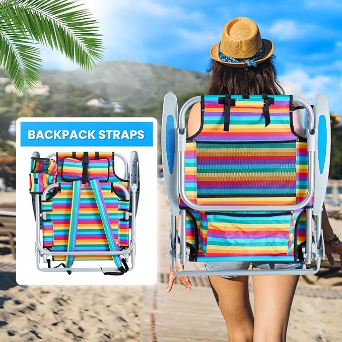 2 Pack Lightweight Portable Camping Beach Chair for Adult Outdoor Lay Flat Folding Beach Chairs with 5 Position Backpack Beach Chair with Towel Bar Zipper Pouch Cup Holder Rainbow Striped