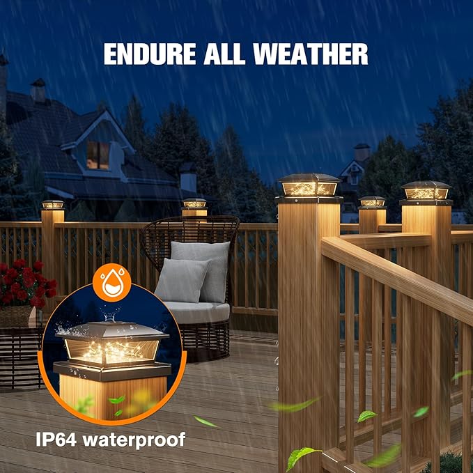 VOLISUN Solar Post Cap Lights Outdoor 4Pack Black Fence Cap Lights Solar Powered Fits 4x4 6x6 Wooden/4x4 5x5 Vinyl Post Firefly filaments Lighting for Garden/Patio/Porchwith Warm White