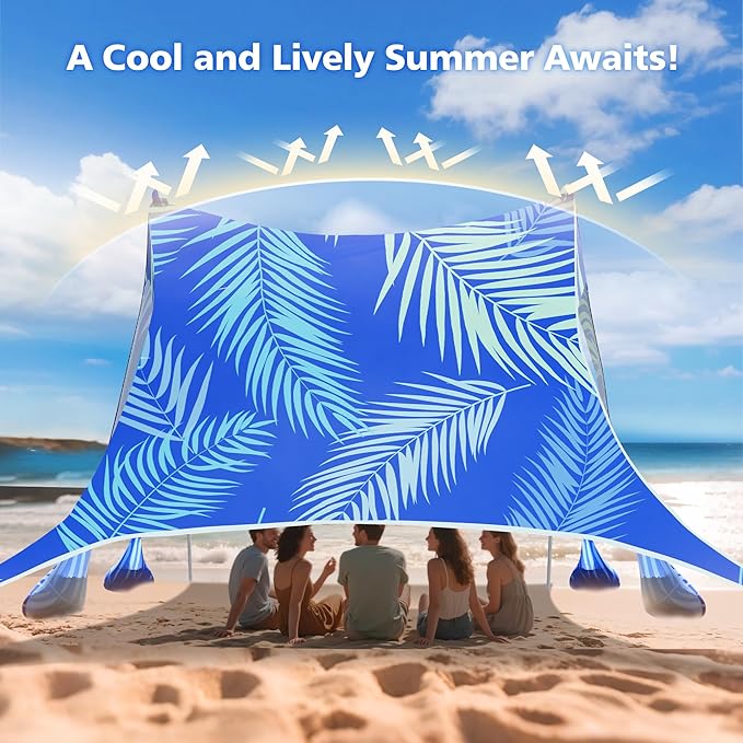 2PM SPORTS Beach Tent Canopy with UPF50+ UV Protection Outdoor Large Beach Sun Shade Shelter for Family Picnic Camping Travel Shore Fishing 8 Sandbags Sand Shovel (Areca Palm 10x10 FT)