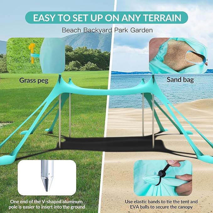 Gardentime Beach Tent Canopy with 8 Sandbags 4 Aluminum Poles Pop Up Portable Camping Sun Shelter Easy Set Up with 2 Sand Shovel Ground Pegs Carrying Bag for Outdoor BeachPicnic Fishing