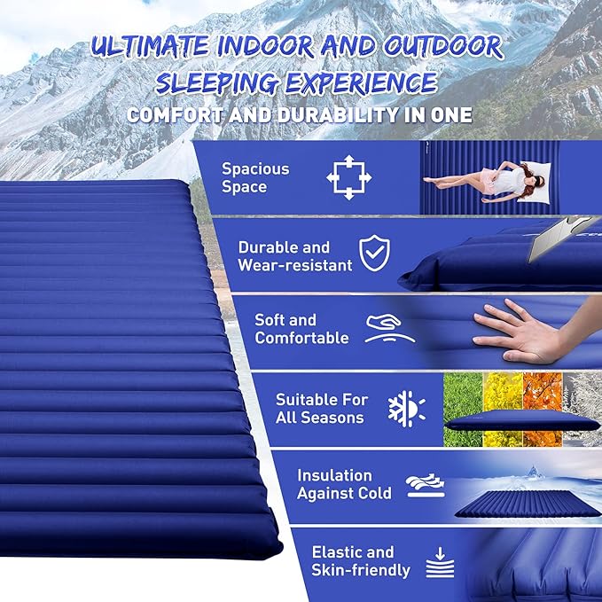 Double Camping Sleeping Pad Ultralight Waterproof Inflatable 2-Person Sleeping Mat with Inflation Bag Lightweight Portable Air Mattress for Outdoor Backpacking Hiking Car Traveling Tent (Navy)