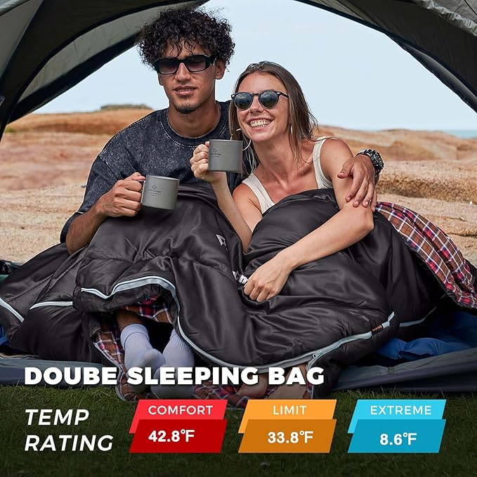 KingCamp Double Sleeping Bag for Adults Queen Size 2 Person XXL Flannel Sleeping Bag Waterproof Lightweight Flannel Quilt with 2 Pillows Perfect for Couples Family Camping Hiking