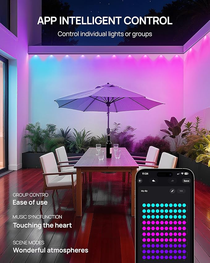 VCOKEN Permanent Outdoor Lights 111FT with Smart 72 RGB LED Light for House &amp Outdoor Decor DIY Scene Mode IP65 Waterproof Eaves Lighting with App Control Remote for Christmas and Holiday Decor