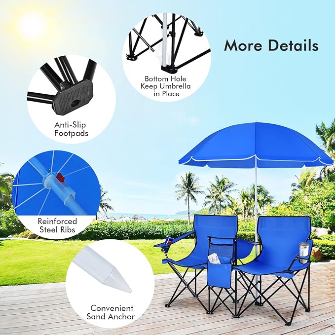 COSTWAY Double Portable Picnic Chairs Folding Camping Chairs w/Detachable Umbrella Cooler Bag Cup Holders Patio Beach Camping Chairs for Outdoors Blue