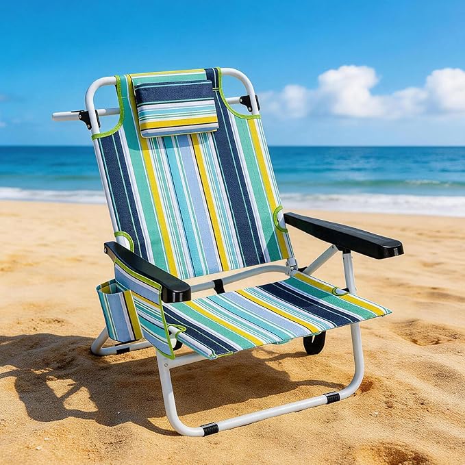 Beach Chair for AdultsPortable 5 Position Backpack Beach Chair Reclining Lay Flat Lightweight Folding Camping Chair w/Large Cooler PouchSupport to 350LBSGreen Low Hight