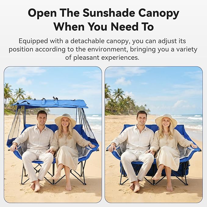 Double Camping Chairs with Canopy Shade Folding Beach Chair Heavy Duty Oversized Outdoor Padded Loveseat Chair 2 Person with Removable Roof Cup Holders Side Pockets Portable Carry BagBlue