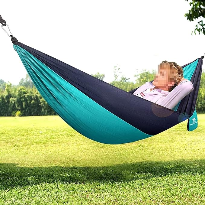 Portable Nylon Hammock Swing Chair Lightweight &amp Easy to Assemble with Straps Perfect for Summer Camping Travel Garden and Outdoor Relaxation (290x150cm)
