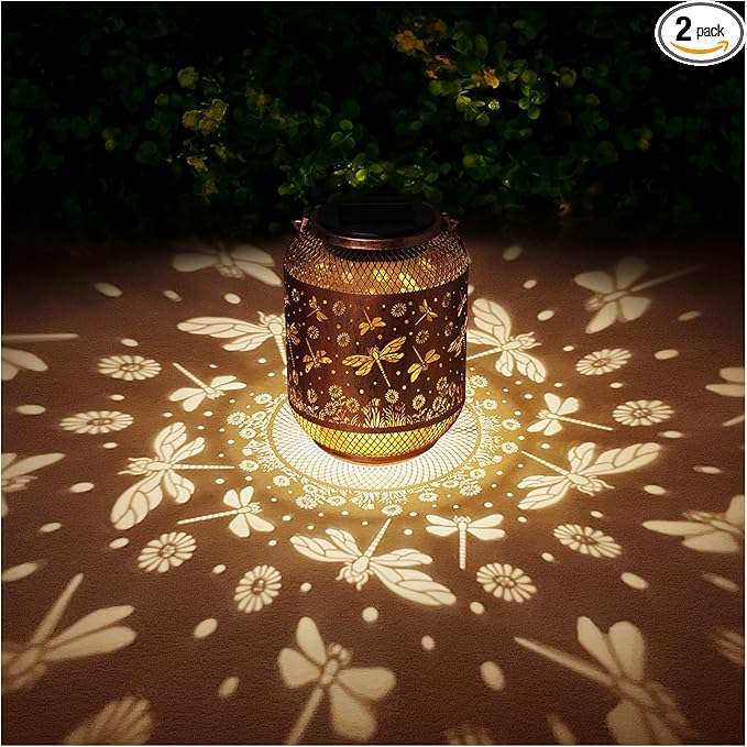 2 Pack Dragonfly Solar Lanterns Outdoor Waterproof Garden Decor Gifts for Mom Women Grandma Metal Hanging Solar Lights Outdoor Decoration for PatioYardPorchBackyard