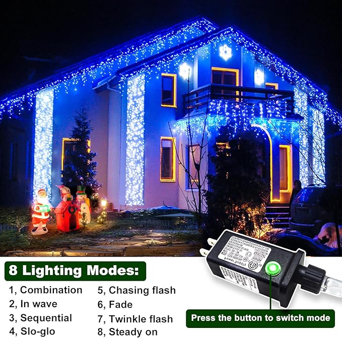 Icicle Christmas Lights Outdoor 132ft 1280 LED Icicle Lights for Outside Plug in Twinkle Lights Indoor with 8 Modes Timer Waterproof for House Holiday Decor Wedding Christmas Decorations Blue