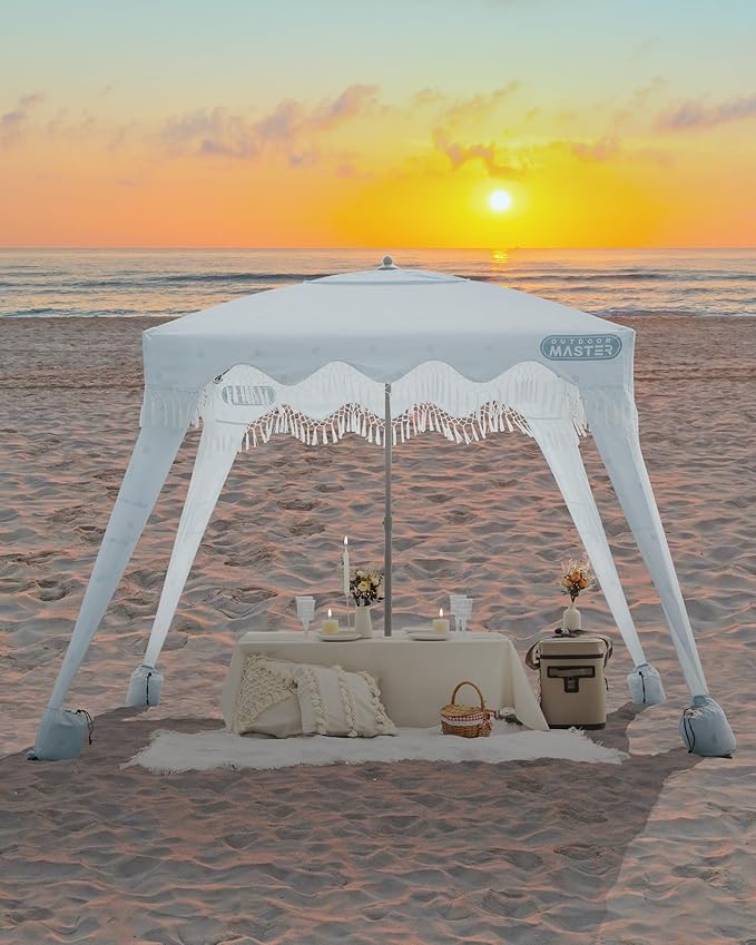 OutdoorMaster Beach Cabana with Fringes Portable 6' x 6' Beach Canopy for Sand Easy Set Up Beach Shelter Included Side Wall UPF 50+ UV Protection Sun Umbrella - for Family &amp Friends
