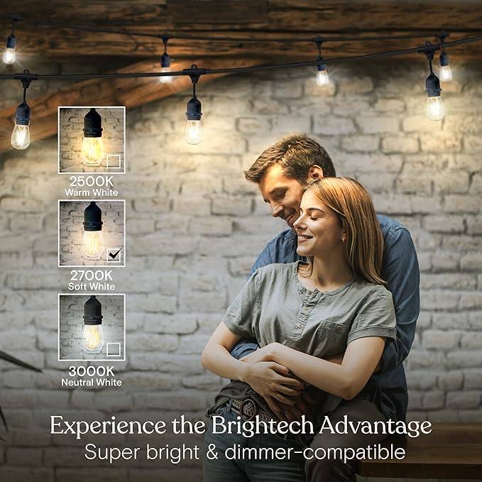 Brightech Ambience Pro - Waterproof LED Outdoor String Lights - Hanging Dimmable 2W Vintage Edison Bulbs - 48 Ft Commercial Grade Patio Lights Create Cafe Ambience In Your Backyard