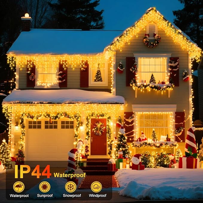 XURISEN 66ft Christmas Lights Decorations Outdoor 640 LED 8 Modes Curtain Fairy Lights with 120 DropsPlug in Waterproof Timer Memory Function for Christmas Holiday Wedding Party Decor(Warm White)