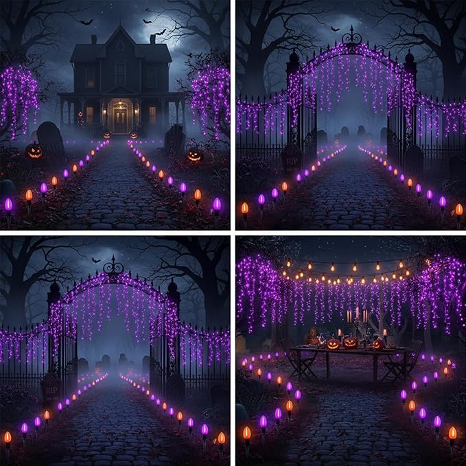 Halloween Pathway Lights 10 Pack C9 LED Stake Lights with Purple &amp Orange Bulbs 19.5ft Extendable Outdoor Walkway Lights for Garden Yard Driveway Porch &amp Sidewalk Halloween Decorations