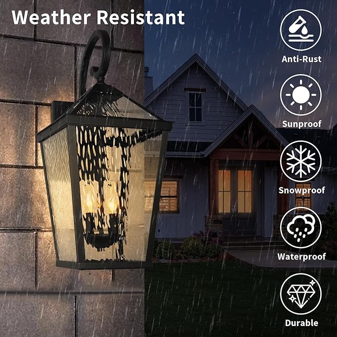 Treekee Outdoor Wall Light Fixture Modern Waterproof Exterior Wall Lantern with E12 Sockets &amp Water Ripple Glass Matte Black Rustic Wall Sconce Porch Lamp for Patio Garage Yard Front Door Ga