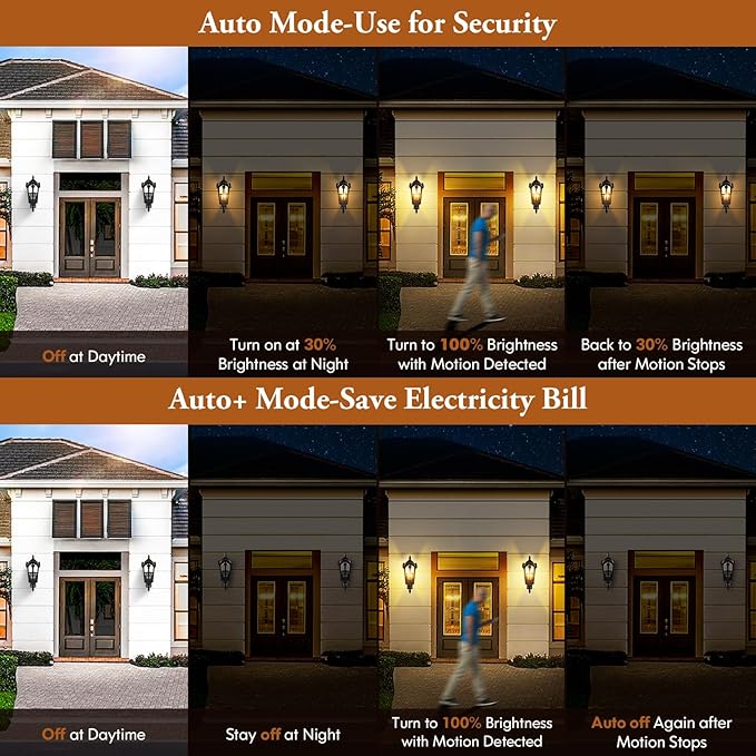 2-Pack Motion Sensor Outdoor Wall Lights Dusk to Dawn Porch Lights Wall Mount Exterior Light Fixtures Sconces Lighting Black with Gold Trim Wall Lanterns Outside Lights for House Garage Front Door