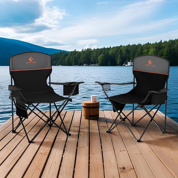 ALPHA CAMP Camping Chair 2 Pack Portable Chair with 3-Can Cooler Folding Chair with Side Pocket and Cup Holder Collapsible for Camping Tailgates Beach Fishing and Sports2PC