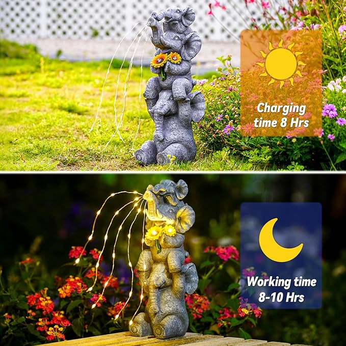 Solar Garden Decor Elephant Statue Outdoor Luck Triple Elephant Decorations for Yard Porch Lawn Patio - Ideal Gifts for Women Mom Grandma Senior Elder or Birthdays 12