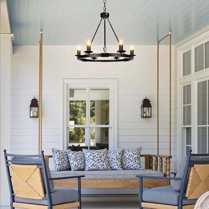 Solar Outdoor Chandelier 6-Light 19 Chandelier Outdoor Waterproof Dimmable Hanging Pendant Lights Farmhouse Style for Gazebo Porch Patio Pergola Decor Lighting