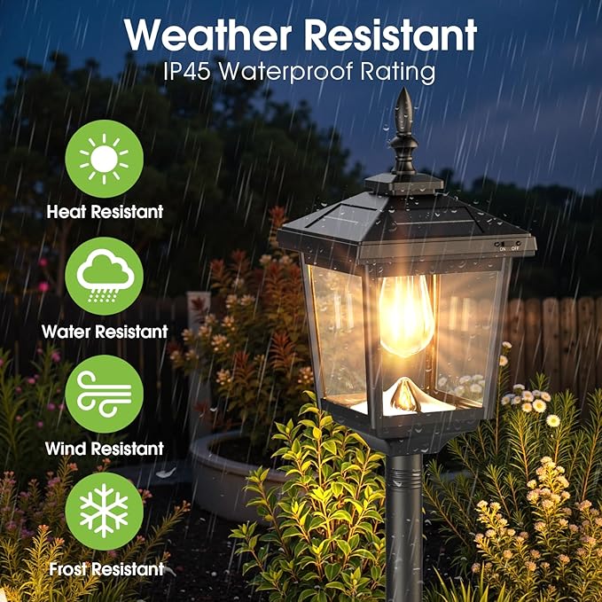 Greluna Solar Lamp Post Light Outdoor Warm White IP45 Waterproof Solar Post Lights Outdoor Pole Lights Decorative Lamp for Yard Garden Patio Lawn Pathway Driveway Front/Back Door 2 Pack