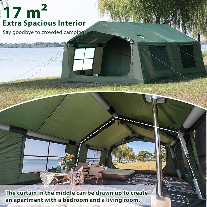 Inflatable Camping Tent with Hand Pump Waterproof Outdoor Blow up Tent 2-8 Person Oxford 4 Season Glamping Air Tent Cabin House with Mesh Windows &amp Door