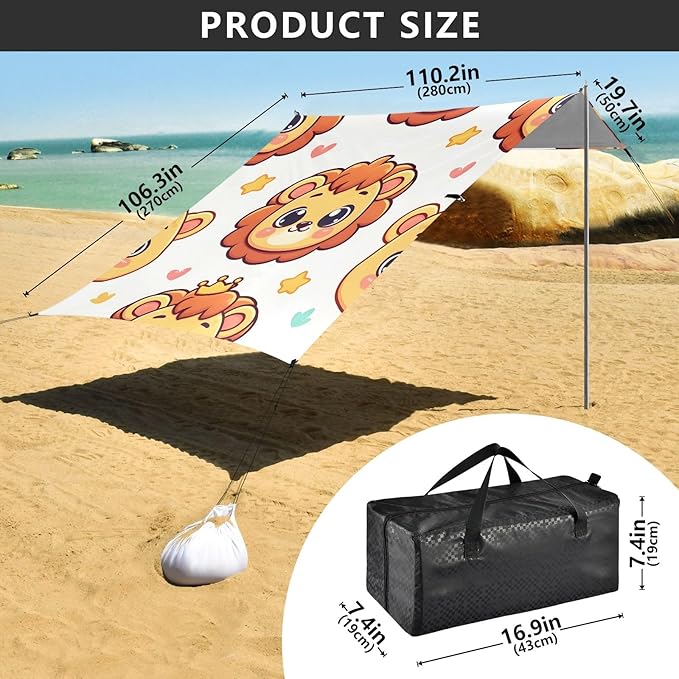 Cute Cartoon Little Lion's Face Camping Sun Shelter Beach Tent Portable Beach Sun Shade Outdoor Canopy for Camping Trips Fishing Picnic
