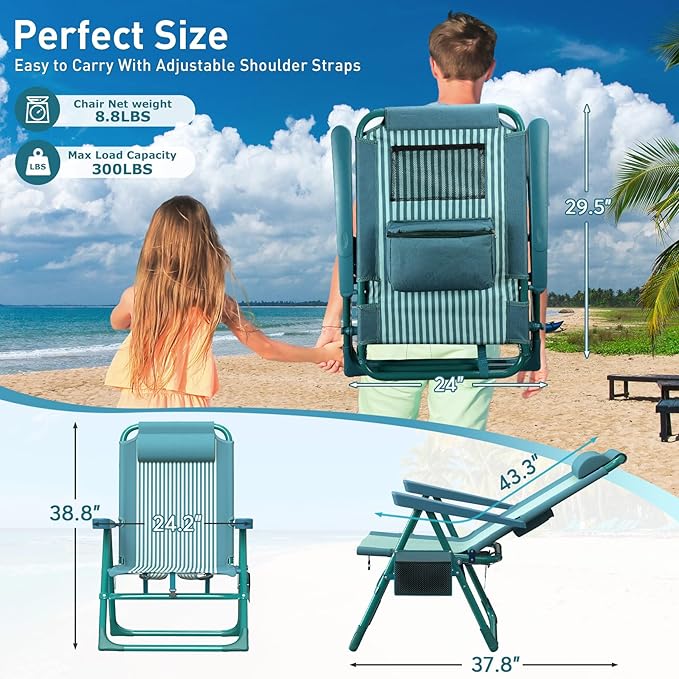 Suteck Backpack Beach Chairs for Adults 2 Pack 6-Position Folding Reclining Chair with Cooler Bag &amp Cup Holder Lightweight Portable Beach Chair for Camping Outdoor Sand Travel Use