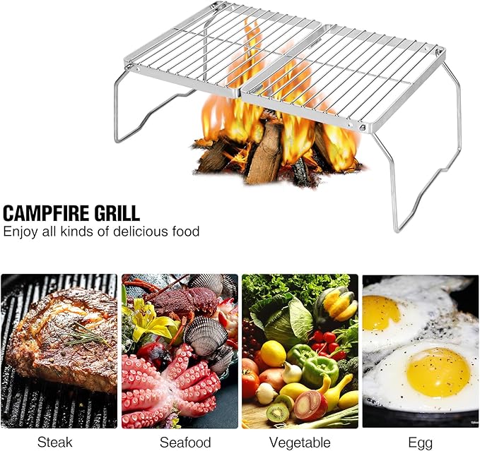 REDCAMP Folding Campfire Grill 304 Stainless Steel Grate Adjustable Height Portable Camping Grill with Carrying Bag for Outdoor Cooking BBQ