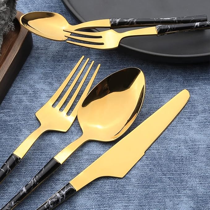 SpoonsSilverware Set Premium Stainless Steel Cutlery Set - Forks Knives &amp Spoons for Home Camping &amp Office Easy Gold Finish