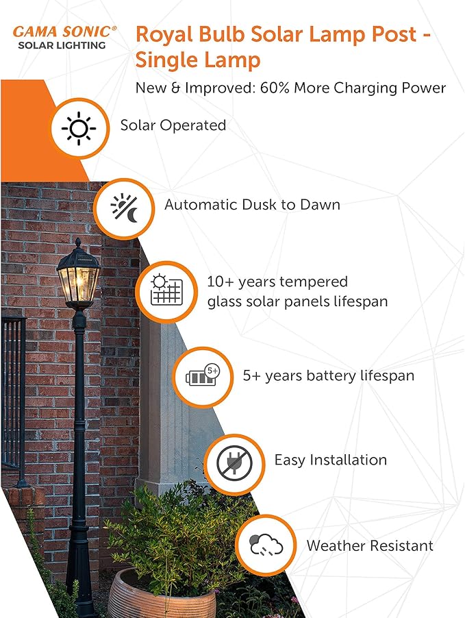 Gama Sonic Solar Outdoor Lamp Post Light Black Cast Aluminum and Beveled Glass Panels 10-Year Royal Bulb Warm White LED with Omni-Direction Reflector 87-inch Height 98B001 (Upgraded Panel)