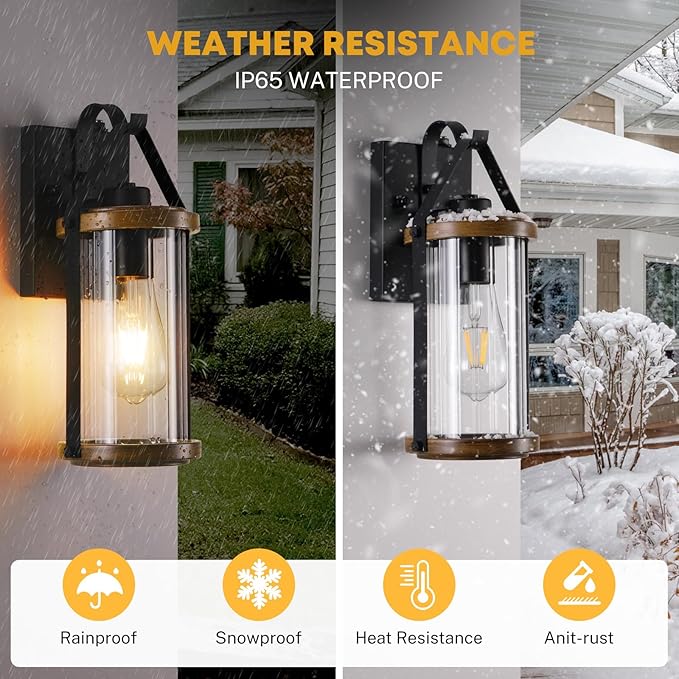 Dusk to Dawn Outdoor Light Front Porch Light Waterproof Exterior Lighting Fixtures Wood Effect Glass Modern Outside Light for House Patio Yard Garage Black 1 Pack