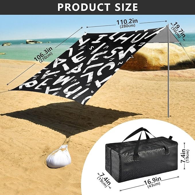 Letters on Black Background Camping Sun Shelter Beach Tent Portable Beach Sun Shade Outdoor Canopy for Camping Trips Fishing Picnic