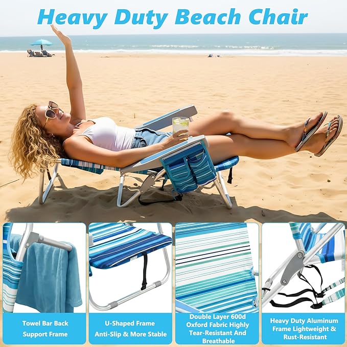 Folding Backpack Beach Chair for Adults 5-Position Aluminum Lightweight Reclining Beach Chair Low Sands Compact Chairs with Cup Holder and Padded Headrest for Lawn Patio PoolsideSupports 300lbs
