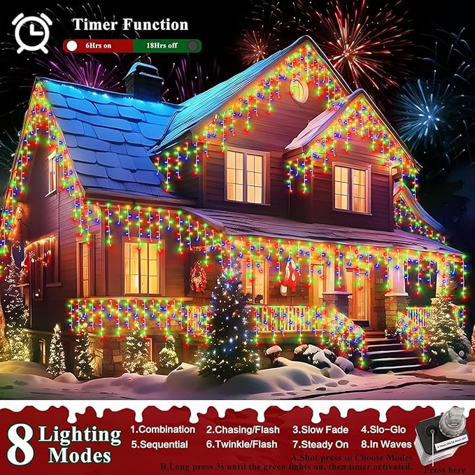 XURISEN 66ft Christmas Lights Decorations Outdoor 640 LED 8 Modes Curtain Fairy Lights with 120 DropsPlug in Waterproof Timer Memory Function for Christmas Holiday Wedding Party Decor(Multicolor)