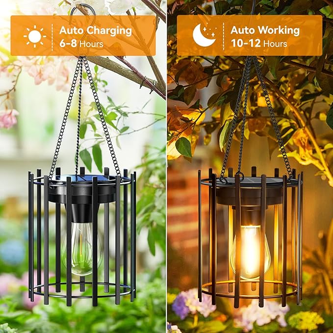 KOOPER Solar Lanterns Outdoor Waterproof 14.56 Upgraded Bright Hanging Solar Lights Outdoor Lanterns Decorative Auto ON/Off Metal Hanging Lantern Lights for Pathway Yard Patio Garden Decor 2 Pack